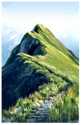  artist_name blue_sky border commentary dated day english_commentary flower grass highres landscape lilblueorchid mountain mountainous_horizon mountaintop nature no_humans original outdoors path peak photo-referenced road rock scenery sky switzerland white_border white_flower 