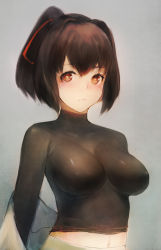 10s 1girl absurdres blush breasts brown_eyes brown_hair unworn_clothes hair_between_eyes hair_ribbon highres ise_(kancolle) japanese_clothes kantai_collection large_breasts looking_at_viewer matumasima nontraditional_miko ponytail ribbon short_hair skin_tight solo undershirt upper_body rating:Questionable score:11 user:danbooru