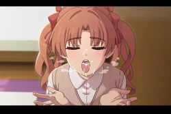  1girl after_ejaculation bow brown_hair brown_sweater_vest closed_eyes collared_shirt commentary cum cupping_hands english_commentary facial facing_viewer hair_bow hands_up highres indoors long_hair open_mouth own_hands_together paid_reward_available pov red_bow school_uniform shirai_kuroko shirt short_sleeves sleepy_frippy solo summer_uniform sweater_vest teeth toaru_kagaku_no_railgun toaru_majutsu_no_index tokiwadai_school_uniform tongue tongue_out twintails upper_teeth_only white_shirt 