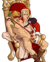 1990s_(style) 2boys armor blonde_hair bludwing blush boots christmas cloud_strife crossover cum erection final_fantasy final_fantasy_vii gloves highres link male_focus multiple_boys naughty_face nintendo nude penis restrained smirk sweat tagme testicle_grab testicles the_legend_of_zelda wince yaoi rating:Explicit score:54 user:harucho