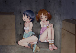  2girls ass basement bdsm blush bondage bound bound_arms bound_legs female_focus flat_chest full_body highres kamimaki_tsukami kidnapped legs_together lingerie loli looking_at_viewer multiple_girls restrained rope tagme tears underwear upskirt 