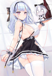  1girl absurdres apron ass azur_lane bare_shoulders bottle bow breasts character_doll commentary_request covered_erect_nipples cowboy_shot cuffs cup dido_(azur_lane) dress drinking_glass frilled_dress frills hair_bow hairband highres large_breasts long_hair looking_at_viewer maid maid_apron muka_tsuku panties parted_lips pink_eyes revision see-through silver_hair sleeveless sleeveless_dress solo string thighhighs tray underwear white_panties white_thighhighs wine_bottle wine_glass  rating:Questionable score:28 user:danbooru