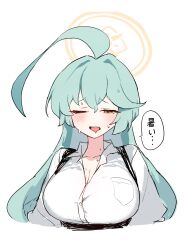  1girl absurdres ahoge blue_archive blush breasts cleavage collared_shirt green_hair hair_between_eyes halo highres huge_ahoge large_breasts long_hair looking_at_viewer one_eye_closed open_mouth shirt simple_background solo speech_bubble tongue tongue_out upper_body white_background white_shirt yanggaengwang yellow_eyes yellow_halo yume_(blue_archive) 