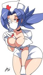 1girl bigdead blue_hair breasts cleavage collar eyepatch female_focus highres large_breasts long_hair looking_at_viewer ponytail red_eyes skullgirls solo valentine_(skullgirls) rating:Questionable score:37 user:Anon_Perv