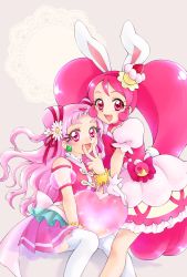  2girls :d aizen_(syoshiyuki) animal_ears bunny_ears cake_hair_ornament commentary_request cure_whip cure_yell dress earrings extra_ears eyelashes flower food food_themed_clothes food_themed_hair_ornament gloves hair_cones hair_flower hair_ornament hair_ribbon happy heart highres hugtto!_precure jewelry kirakira_precure_a_la_mode long_hair looking_at_viewer magical_girl multiple_girls nono_hana open_mouth petticoat pink_dress pink_eyes pink_hair pink_shirt pink_skirt pom_pom_(clothes) pom_pom_earrings precure puffy_sleeves ribbon shirt sitting skirt smile thighhighs thighs usami_ichika v 