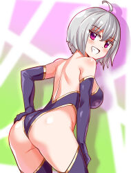 1girl ahoge ass ass_focus bare_shoulders blush breasts character_request cougar_(cougar1404) elbow_gloves from_behind gloves grey_hair grin leaning leaning_forward leotard looking_at_viewer medium_breasts purple_eyes short_hair sideboob smile solo thick_thighs thighhighs thighs rating:Sensitive score:17 user:armorcrystal