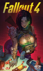  1girl absurdres arm_tattoo armor black_hair blue_gloves blue_jumpsuit bottle_cap breast_tattoo breasts cleavage cleavage_cutout clothing_cutout copyright_name earrings fallout_(series) fallout_4 gloves glowing glowing_earrings green_eyes gun highres huge_breasts jewelry jumpsuit logo long_hair mole mole_on_breast mole_on_cheek necklace nuka_cola pauldrons pip_boy sentron short_hair shoulder_armor single_pauldron solo spiked_pauldrons sweat tattoo vault_suit weapon weapon_on_back 