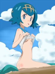  1girl ass beach blue_eyes blue_hair blue_sky blush bottomless breasts clothes_lift cloud creatures_(company) day game_freak lana_(pokemon) looking_at_viewer nintendo outdoors pokemon pokemon_sm shirt shirt_lift sincos sitting sky sleeveless sleeveless_shirt small_breasts smile solo tongue underboob  rating:Questionable score:124 user:danbooru
