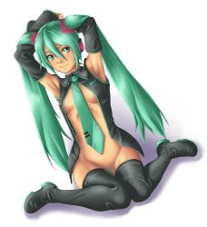  aqua_hair arms_up breasts censored hatsune_miku necktie pussy smile thor_(deep_rising) vocaloid  rating:Explicit score:23 user:Someguy1