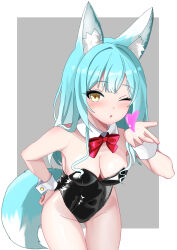  1girl absurdres animal_ears aqua_hair bare_legs bare_shoulders black_leotard blowing_kiss bow bowtie breasts cleavage commission detached_collar fox_ears fox_tail grey_background highres leotard medium_breasts nontraditional_playboy_bunny original rabbit_tail red_bow red_bowtie skeb_commission solo strapless strapless_leotard tail uma_(uma_mohumohu) yellow_eyes 