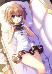  1girl artist_name bare_shoulders binato_lulu blanc_(neptunia) blue_eyes blush brown_hair candy commentary_request couch dress food hair_between_eyes hat indoors lollipop looking_at_viewer lying neptune_(series) nintendo_switch on_back on_couch open_mouth revision short_hair simple_background sleeveless sleeveless_dress solo spaghetti_strap white_dress  rating:Sensitive score:23 user:danbooru
