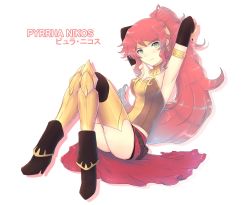  1girl cat_with_a_brush commentary_request english_text green_eyes highres miniskirt pyrrha_nikos red_hair rwby skirt solo  rating:Sensitive score:6 user:danbooru