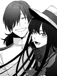  1boy 1girl :d asymmetrical_bangs facing_viewer fate_(series) greyscale grin hair_over_one_eye hat headwear_switch highres jacket koha-ace long_hair looking_at_viewer monochrome neckerchief nervous_smile noz_2to open_mouth oryou_(fate) ponytail portrait sakamoto_ryouma_(fate) scarf simple_background smile sweat 