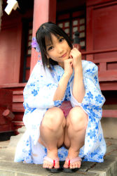  1girl absurdres asian feet highres japanese_clothes kimono lenfried no_panties photo_(medium) pussy sandals squatting toes uncensored  rating:Explicit score:80 user:coldfire777