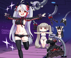  3girls absurdly_long_hair arms_up azur_lane bare_shoulders barefoot belt black_belt black_dress black_hair black_panties black_ribbon black_shirt black_shorts blunt_bangs blunt_ends boots bow bra breasts chibi cleavage closed_mouth collarbone commentary conveyor_belt dress english_commentary english_text formidable_(azur_lane) formidable_(muse)_(azur_lane) frilled_panties frilled_sleeves frills full_body grey_hair grey_panties hair_bow headgear horns indoors large_breasts long_hair long_sleeves looking_at_viewer looking_up medium_breasts motion_lines multicolored_hair multiple_girls navel no_nose noshiro_(azur_lane) official_art open_mouth outstretched_arms panties panty_straps parted_bangs prinz_eugen_(azur_lane) prinz_eugen_(cordial_cornflower)_(azur_lane) prinz_eugen_(muse)_(azur_lane) purple_eyes red_hair ribbon sailor_collar shirt short_shorts shorts sideboob smile sparkle standing standing_on_one_leg streaked_hair thigh_boots thigh_gap twintails underwear underwear_only unworn_dress very_long_hair white_sailor_collar 