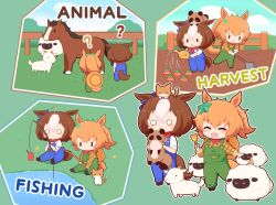  2girls :3 :d ? ^_^ ahoge animal animal_ears animal_on_head bell black_footwear blue_sky blush brown_hair brown_hat carrot cat chibi closed_eyes closed_mouth cloud collared_shirt day dress_shirt fence fishing fishing_line fishing_rod goat gomashio_(goma_feet) green_ribbon hair_ornament hair_ribbon hairband hat hat_on_back hoe holding holding_animal holding_bell holding_fishing_rod horse horse_ears horse_girl horse_tail long_sleeves meisho_doto_(umamusume) meto_(cat) multicolored_hair multiple_girls o_o on_head open_mouth orange_hair outdoors overalls pink_hairband plaid plaid_shirt ponytail raccoon ribbon sheep shirt shoes sitting sky smile standing star_(symbol) star_hair_ornament taiki_shuttle_(umamusume) tail two-tone_hair umamusume watering_can white_hair wooden_fence yellow_shirt |_| 
