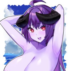  1girl :d ahoge armpits arms_behind_head arunira blush breasts bright_pupils brll cleavage colored_skin completely_nude fang hands_up highres horns huge_breasts long_hair looking_at_viewer nude open_mouth out-of-frame_censoring pink_pupils pointy_ears purple_hair purple_skin red_eyes skin_fang smile solo upper_body  rating:Questionable score:24 user:danbooru