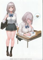  1girl absurdres bag blush bow bowl braid breast_pocket breasts buttons closed_eyes closed_mouth desk dreaming food full_body green_eyes grey_hair head_rest highres holding hololive large_breasts loafers long_sleeves looking_at_viewer mechanical_pencil official_alternate_costume open_mouth pencil pencil_case pleated_skirt pocket saliva scan school_bag school_desk shirogane_noel shirogane_noel_(school_uniform) shirt shoes simple_background sitting skirt sleeping smile socks standing thighs thought_bubble virtual_youtuber watao white_background white_shirt 