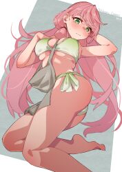  1girl absurdres akashi_(kancolle) apron ass barefoot bikini blunt_tresses blush breasts commentary_request green_bikini green_eyes highres kantai_collection large_breasts long_hair pink_hair shiawase_hougan solo swimsuit twisted_torso very_long_hair wavy_mouth 