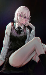  1girl absurdres arm_support big_chunger black_background black_dress black_ribbon black_socks breasts chainsaw_man closed_mouth dim_lighting dress dress_shirt ear_piercing earrings fami_(chainsaw_man) fourth_east_high_school_uniform hand_up highres jewelry looking_at_viewer medium_breasts mole mole_under_eye mole_under_mouth multiple_moles neck_ribbon piercing pinafore_dress pink_eyes ribbon ringed_eyes school_uniform shirt sitting sleeveless sleeveless_dress socks solo thighs triangle_earrings white_hair white_shirt 