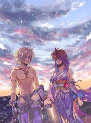  00s 1boy 1girl blonde_hair blue_eyes brown_hair cloud detached_sleeves final_fantasy final_fantasy_x gloves holding_hands hetero japanese_clothes jewelry long_hair maverix_asa midriff necklace pants topless_male short_hair sky tidus yuna 