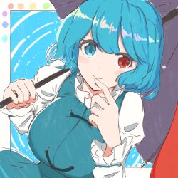  1girl blue_eyes blue_hair blue_skirt blue_vest breasts closed_mouth commentary_request happy highres juliet_sleeves large_breasts long_sleeves nazawa_(nother) puffy_short_sleeves puffy_sleeves red_eyes shirt short_hair short_sleeves skirt smile tatara_kogasa touhou umbrella vest white_shirt 
