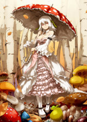  1girl albino amanita_muscaria arm_belt autumn_leaves bare_shoulders belt bodice boots breasts buckle cleavage cross-laced_clothes detached_collar detached_sleeves dress fly_agaric forest frilled_dress frilled_sleeves frilled_umbrella frills fungus hair_between_eyes hair_ornament highres holding holding_umbrella layered_clothes layered_dress leaf long_skirt long_sleeves medium_breasts medium_hair mushroom nature neck_ribbon no_bra original oso-teki_kinoko_gijinka_zukan oso_(toolate) outdoors overskirt personification red_eyes ribbon short_hair skirt smile standing strapless strapless_dress too_many too_many_frills tree umbrella white_footwear white_hair white_skirt 