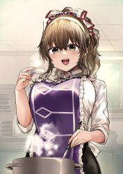  1girl alternate_costume apron ashigara_(kancolle) black_skirt breasts brown_eyes brown_hair cooking food hair_ribbon highres holding holding_ladle indoors kantai_collection kirekawa_(lovelyplace) kitchen ladle large_breasts official_alternate_costume open_mouth ponytail ribbon skirt smile solo stove tasting 