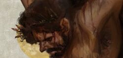  1boy armpit_hair armpits beard blood blood_on_face brown_hair closed_eyes crown_of_thorns crucifixion dark-skinned_male dark_skin facial_hair jesus male_focus solo teeth the_bible wolfythewitch 