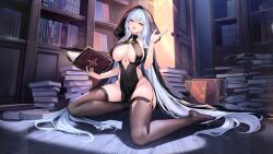  1girl absurdly_long_hair arkhangelsk_(azur_lane) arkhangelsk_(supporting_sorceress)_(azur_lane) azur_lane bad_tag bare_shoulders black_dress black_gloves black_thighhighs blue_hair blush book bookshelf breast_curtains breasts china_dress chinese_clothes cleavage dress feet full_body gloves hair_between_eyes high_heels highres holding indoors jewelry large_breasts library lingerie long_hair looking_at_viewer magic no_bra non-web_source official_alternate_costume open_mouth pelvic_curtain shoes sitting smile solo thighhighs thighs underwear very_long_hair white_hair window yellow_eyes 