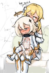  1futa 1girl blonde_hair blush crown cum cum_in_pussy cum_in_womb dress ejaculation english_text erection fingerless_gloves flower flower_on_head futa_with_female futanari genshin_impact gloves hair_ornament hands_on_another&#039;s_shoulders loli long_sleeves lumine_(genshin_impact) maximumpingas paimon_(genshin_impact) penis pussy reverse_upright_straddle sex sex_from_behind short_hair sitting sitting_on_lap sitting_on_person star_(symbol) star_hair_ornament testicles thighhighs thighs tiara triquetra uncensored uterus white_background white_dress white_hair x-ray yellow_eyes  rating:Explicit score:77 user:DarkmoonBoi
