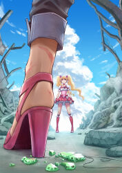 2girls between_legs black_pants blonde_hair blue_sky boots broken capri_pants chain choker clenched_hands close-up cloud cloudy_sky clover collarbone cross-laced_clothes cumulonimbus_cloud cure_peach day debris dress earrings facing_another fresh_precure! gem hair_ornament heart heart_hair_ornament higashi_setsuna high_heels highres itou_shin&#039;ichi jewelry knee_boots kneehighs layered_skirt legs_apart long_hair looking_at_another magical_girl momozono_love multiple_girls necklace outdoors pants petticoat pink_choker pink_dress pink_eyes pink_footwear pink_wrist_cuffs precure puffy_short_sleeves puffy_sleeves sandals scar short_dress short_sleeves skirt sky socks standing strappy_heels twintails underbust wind wrist_bow wrist_cuffs wristband