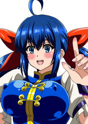  1girl absurdres alternate_breast_size blue_eyes breasts chinese_clothes covered_erect_nipples fatal_fury futaba_hotaru garou:_mark_of_the_wolves hair_ribbon highres large_breasts looking_at_viewer low_twintails open_mouth ribbon smile snk solo the_king_of_fighters twintails 