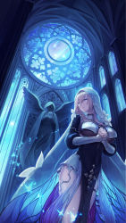 1girl angel_statue aponia_(honkai_impact) black_dress blue_butterfly blue_eyes breast_curtains breasts bug butterfly butterfly_wings ceiling church dress feet_out_of_frame flower from_below glowing hair_between_eyes highres honkai_(series) honkai_impact_3rd indoors insect insect_wings large_breasts layered_clothes light_particles long_bangs long_hair long_sleeves looking_away looking_to_the_side maoh_yueer mole mole_under_eye nun own_hands_together parted_lips pelvic_curtain praying shooting_star sky solo standing statue thigh_strap thorns veil white_flower window wings rating:General score:19 user:danbooru