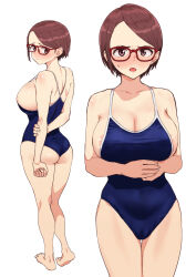 1girl ass barefoot blue_one-piece_swimsuit breasts cleavage full_body glasses highres image_sample large_breasts nekoi_mie nipples one-piece_swimsuit original solo swimsuit twitter white_background
