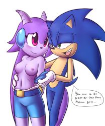  1boy 1girl belt blush bodysuit breasts breasts_apart crossover dragon_horns eye_contact eyelashes freedom_planet furry galaxytrail gloves goshaag green_eyes headgear hetero horns long_hair looking_at_another medium_breasts navel nipples pink_eyes purple_hair sash_lilac sega smile sonic_(series) sonic_the_hedgehog speech_bubble topless twintails undressing very_long_hair white_background  rating:Questionable score:20 user:LoliFromMars