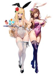  2girls absurdres animal_ears armpits ayase_shichikai bare_shoulders black_bow black_bowtie black_footwear blonde_hair blue_eyes blush boots bow bowtie breasts breasts_apart brown_eyes brown_hair cameltoe chamomile cleavage closed_mouth collar covered_navel cup darkness_(konosuba) detached_collar drinking_glass eyes_visible_through_hair fake_animal_ears flower full_body gluteal_fold groin hair_flower hair_ornament hand_up highleg highleg_leotard highres holding holding_tray jewelry kono_subarashii_sekai_ni_shukufuku_wo! large_breasts leotard long_hair looking_at_viewer multiple_girls necklace open_mouth playboy_bunny poppy_(flower) purple_bow purple_bowtie purple_flower purple_leotard purple_rose rabbit_ears red_flower rose shoes simple_background standing strapless strapless_leotard thigh_boots thigh_strap thighhighs thighhighs_under_boots thighs traditional_bowtie tray white_background white_collar white_flower white_leotard white_thighhighs white_wrist_cuffs wiz_(konosuba) wrist_cuffs x_hair_ornament 