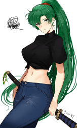  1girl absurdres alternate_costume artist_name black_shirt blush breasts casual closed_mouth cowboy_shot denim earrings eyelashes fire_emblem fire_emblem:_the_blazing_blade green_eyes green_hair hair_tie head_tilt high_ponytail highres holding holding_sword holding_weapon jeans jewelry large_breasts long_hair looking_at_viewer lyn_(fire_emblem) navel nintendo ormille pants sheath sheathed shirt short_sleeves solo squiggle standing stomach sword tied_shirt twitter_username very_long_hair weapon  rating:Sensitive score:27 user:danbooru