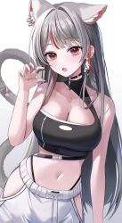  1girl :o absurdres animal_ears asymmetrical_clothes bare_arms bare_shoulders belt black_choker black_shirt breasts cat_ears cat_girl cat_tail choker claw_pose cleavage cowboy_shot crop_top dap_yan earrings extra_ears grey_hair hand_up highleg highres hip_vent jewelry large_breasts midriff mole mole_on_breast multicolored_hair navel neneko_mashiro open_mouth pants panty_straps red_eyes shirt simple_background single_strap sleeveless sleeveless_shirt solo spaghetti_strap standing stellive stomach streaked_hair tail tail_raised virtual_youtuber white_background white_pants 