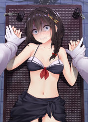 10s 1boy 1girl admiral_(kancolle) ahoge bare_shoulders bikini black_hair blue_eyes blush braid clenched_teeth collarbone gloves hair_flaps hair_ornament hair_over_shoulder hair_ribbon highres holding_another&#039;s_wrist imminent_rape jack_dempa kantai_collection long_hair looking_at_viewer lying military military_uniform naval_uniform navel on_back pinned pov remodel_(kantai_collection) restrained ribbon sarong scared shigure_(kancolle) single_braid solo_focus sweat swimsuit tears teeth uniform white_gloves wide-eyed rating:Questionable score:86 user:danbooru