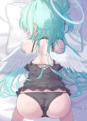  1girl all_fours angel_wings ass backboob bed_sheet black_camisole black_choker black_panties blush braid breasts breath camisole choker commentary_request cross feathered_wings flower from_above green_hair hair_bun hair_flower hair_ornament halo highres large_breasts long_hair mikaze_oto original paid_reward_available panties single_side_bun solo string_panties sweat underwear underwear_only very_long_hair white_flower white_wings wings 