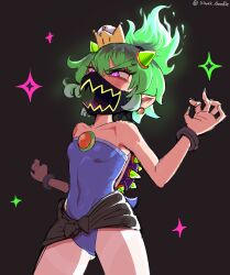  1girl black_background blue_leotard bowsette_jr. breasts commentary_request covered_navel crown doodle_shark earrings female_focus fiery_hair fingernails gluteal_fold green_hair green_horns highres horns jewelry korean_commentary leotard loli mario_(series) mask mixed-language_commentary mouth_mask new_super_mario_bros._u_deluxe nintendo petite pink_eyes pointy_ears sharp_fingernails small_breasts solo sparkle spiked_shell standing strapless strapless_leotard super_crown super_mario_bros._wonder twitter_username wonder_bowser_jr. 