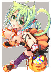  1girl :p ahoge animal_ears blush breasts cat_ears cat_tail cleavage dodome-iro_mayonnaise gloves green_eyes green_hair halloween_costume jack-o&#039;-lantern large_breasts looking_at_viewer matching_hair/eyes original sharon_(dodomayo) short_hair solo tail thighhighs tongue tongue_out 