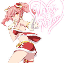  1girl ashuku blush bra brown_eyes commentary_request earrings fur-trimmed_bra fur-trimmed_skirt fur_trim gloves grin hair_ribbon hat heart heart_earrings highres idolmaster idolmaster_cinderella_girls jewelry jougasaki_mika looking_at_viewer looking_back merry_christmas mini_hat miniskirt necklace pink_hair pointing pointing_at_viewer red_bra red_skirt ribbon short_twintails skirt smile solo thigh_strap twintails underwear white_gloves 