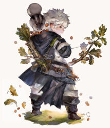  1boy acorn animal arrow_(projectile) boots bow_(weapon) branch commentary_request dated final_fantasy final_fantasy_xiv from_behind full_body grey_hair holding holding_bow_(weapon) holding_weapon hood lalafell leaf legs_apart long_sleeves looking_back male_focus pointy_ears quiver short_hair signature smile solo squirrel standing warrior_of_light_(ff14) weapon xioiri 