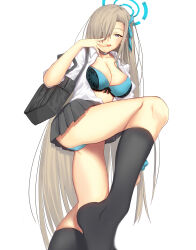  1girl asuna_(blue_archive) bag black_choker black_skirt black_socks blonde_hair blue_archive blue_bra blue_eyes blue_panties blush bow bra breasts choker cleavage collarbone commentary_request hair_over_one_eye hair_ribbon halo highres iro_(sekaixiro) kneehighs lace lace-trimmed_bra lace_trim large_breasts light_brown_hair long_hair looking_at_viewer miniskirt mole mole_on_breast naughty_face open_clothes panties pantyshot partial_commentary pleated_skirt ribbon school_bag school_uniform shirt simple_background skirt smile socks solo thighs tongue tongue_out underwear very_long_hair white_background white_shirt 