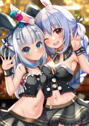  2girls ;d absurdres animal_ear_fluff animal_ears bare_shoulders black_camisole black_hairband black_skirt blue_hair blurry blurry_background braid breasts camisole cleavage commentary_request crop_top depth_of_field fake_animal_ears fish_hair_ornament gawr_gura grey_hair hair_between_eyes hair_ornament hairband hand_up highres hololive hololive_english long_hair medium_breasts multicolored_hair multiple_girls navel one_eye_closed open_mouth pleated_skirt rabbit-shaped_pupils rabbit_ears red_eyes rinringyo shark_girl shark_hair_ornament short_eyebrows skirt small_breasts smile streaked_hair symbol-shaped_pupils teeth thick_eyebrows twin_braids twintails two-tone_hair two_side_up upper_teeth_only usada_pekora v very_long_hair virtual_youtuber white_hair wrist_cuffs x_hair_ornament  rating:Sensitive score:25 user:danbooru