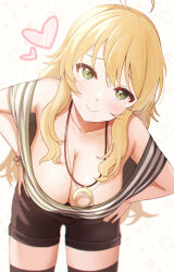  1girl absurdres ahoge armpits black_shorts blonde_hair blush bracelet breasts cleavage closed_mouth collarbone cowboy_shot dot_nose downblouse eyelashes green_eyes hair_over_shoulder hands_on_own_hips heart heart_background highres hoshii_miki iceman550787 idolmaster idolmaster_(classic) idolmaster_million_live! idolmaster_million_live!_theater_days jewelry large_breasts leaning_forward light_smile long_hair looking_at_viewer necklace off_shoulder shirt shorts sidelocks solo striped_clothes striped_shirt thighhighs wavy_hair zettai_ryouiki 