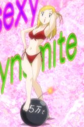 1girl absurdres barefoot bikini blonde_hair bomb breasts digimon digimon_frontier explosive female_focus hand_on_own_hip highres long_hair medium_breasts open_mouth orimoto_izumi red_bikini screencap solo stitched swimsuit third-party_edit