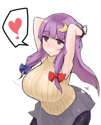  1girl akitsuchi_shien armpits arms_up bad_id bad_pixiv_id breasts crescent crescent_hair_ornament female_focus hair_ornament heart huge_breasts long_hair pantyhose patchouli_knowledge purple_eyes purple_hair skirt sleeveless solo spoken_heart sweater touhou translated transparent_background  rating:Sensitive score:43 user:danbooru